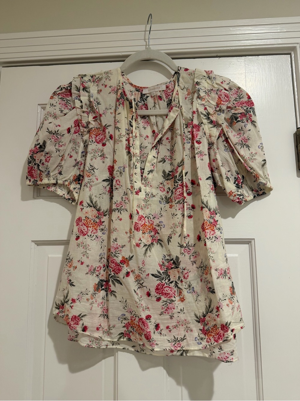 Olivaceous Cream Floral Tie-Neck Puff Sleeve Blouse